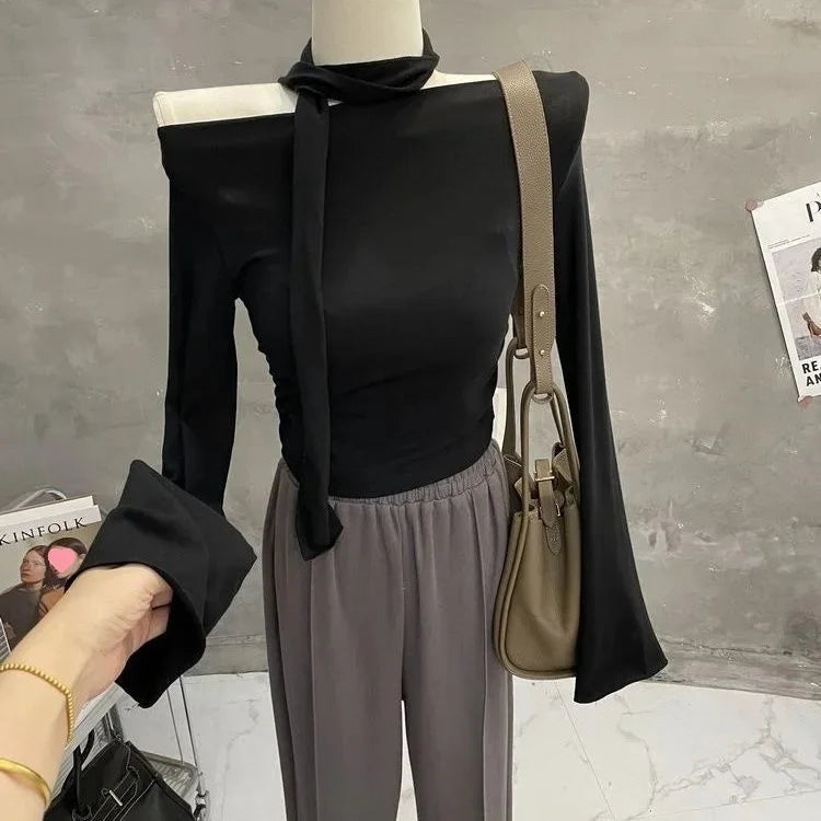 Sexy One-Shoulder Long Sleeve T-Shirt with Scarf Short Flared Sleeve Blindfolded Entry Base Shirt Tight Short Crop Top