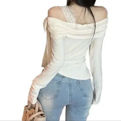 New Women's One-Shoulder Bodycon Shirt Spring Fashion Cover-Up French Style Korean Small Top Sleeveless Collarless Design.
