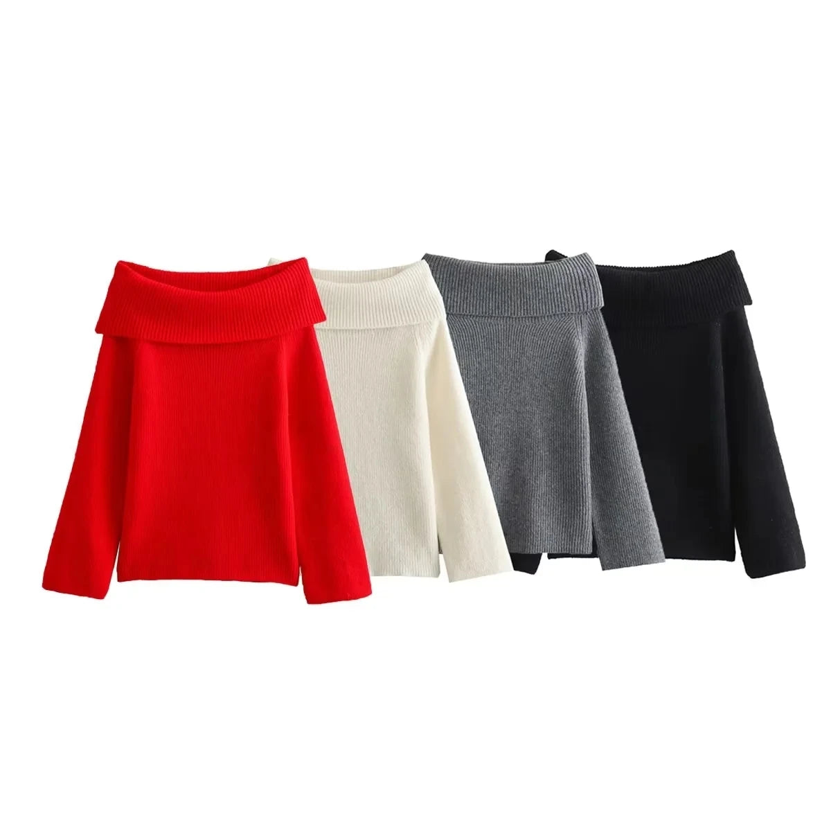 TRAFZA Frauen Fashion Solid Off Schulter Pullover Langarm Gestrickte Pullover Pullover Herbst Weibliche Casual Strickwaren Chic Top