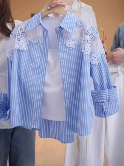 Lace Hook Splicing Polo Neck Striped Women Shirt Spring New Loose Jacket Top
