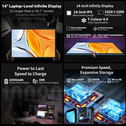 Teclast T70 14" Tablet Android 15 MTK G99 CPU Max 20GB (8GB+12GB Expansion) RAM 256GB ROM 4G LTE 10000mAh 18W Fast Charging GPS.