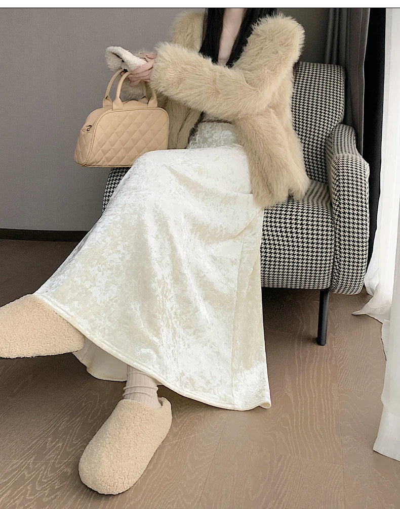 Plush Velvet Midi Skirt - 2025 New High-Waisted A-Line Mermaid Hem Skirt, Fleece-lined, Autumn Winter Thick Velvet Skirt.