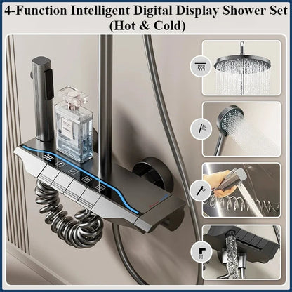 Four Ways Water Outlet Shower System Smart Digital Bathroom Shower Faucet Set Temperature Display Rainlfall Sunflower Shower Set