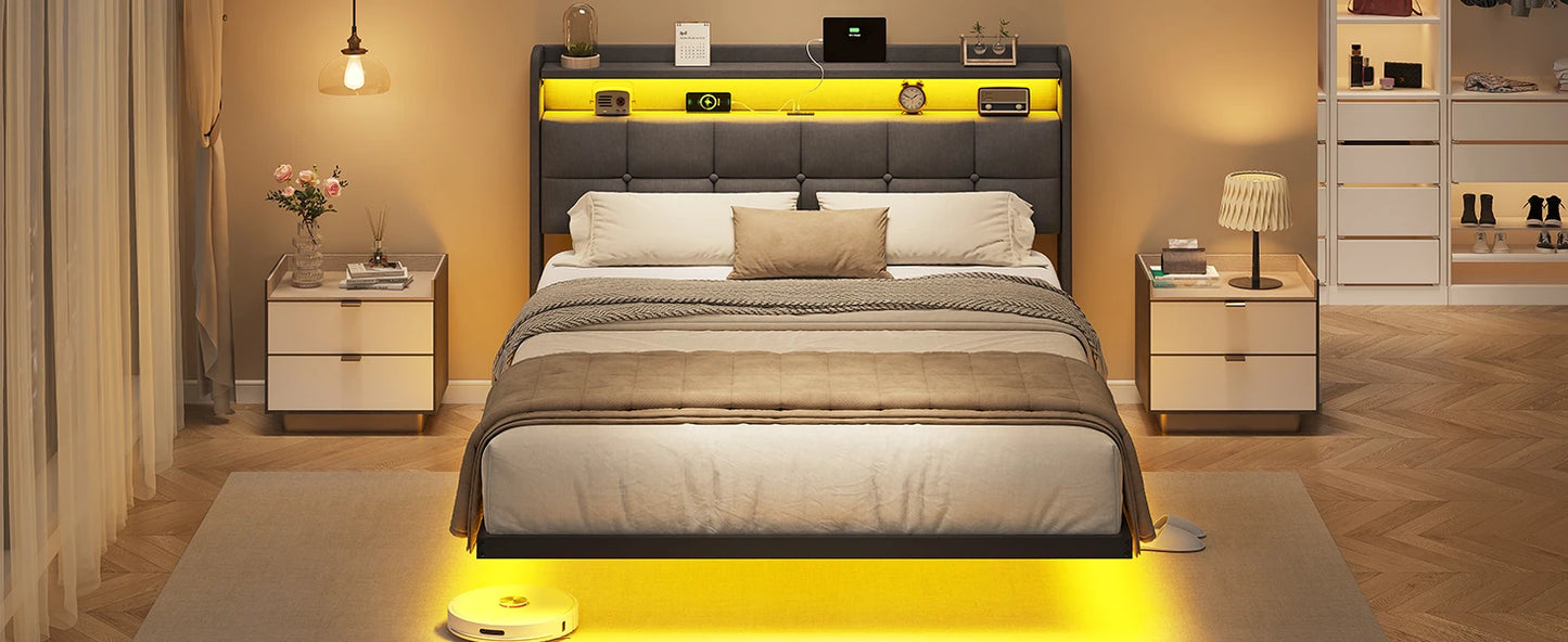 140 x 200 cm großes Polsterbett mit Doppelbettrahmen und LED-Beleuchtung und Ladestation. Kopfteil inklusive schwebendem Bettdesign