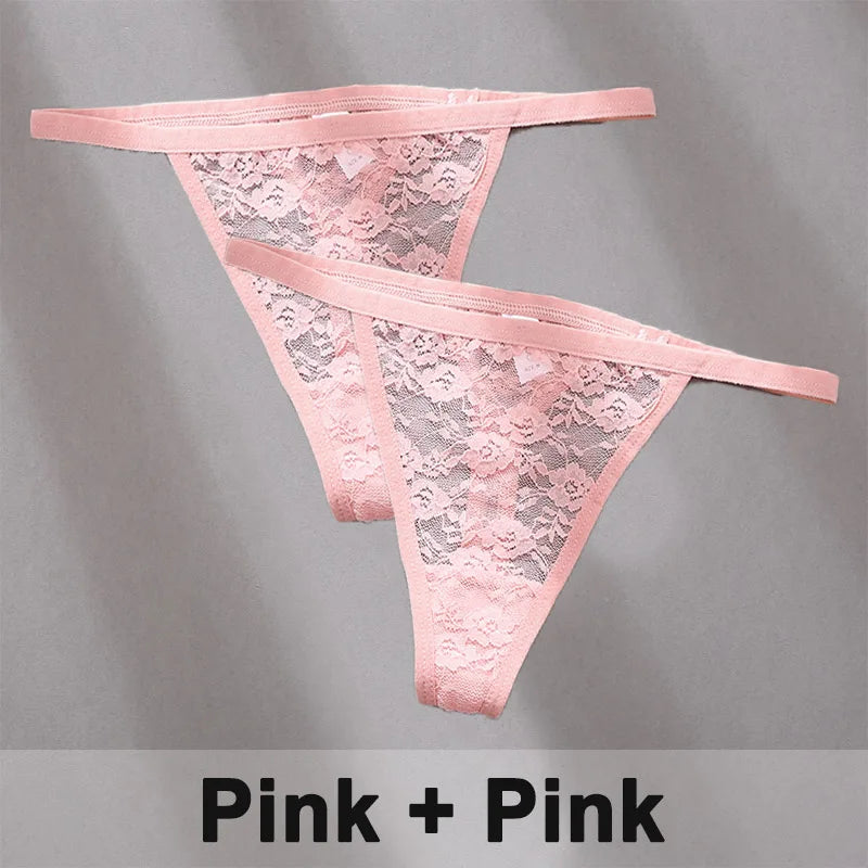 2PCS Sexy Lace Cotton Panties for Women G-String Underwear Perspective Thongs Solid Color Underpants Female Intimates Lingerie.