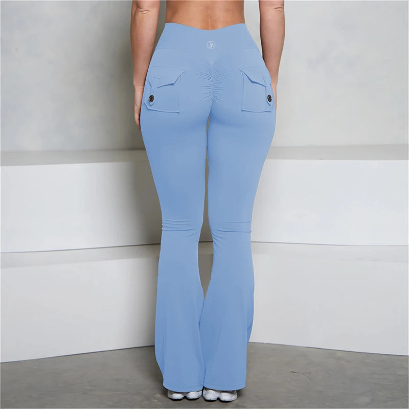 Allure The Brand Pocket Flare Scrunch Butt Pants ATB Women Tight-Fit Sexy Slim High Waist Pants Push Up Fitness Flare Leggings