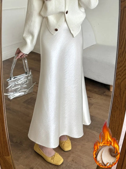 High Waist Women's Fleece-Lined Thickened Elegant Long Skirt Satin Mermaid Skirt Elegant Drapey Bodycon Skirt For Autumn Winter