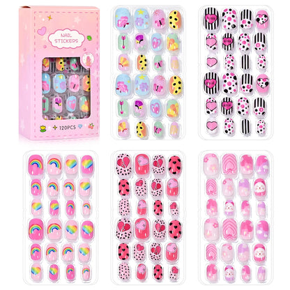 120pcs/box Pink Cartoon Children Press On Nails Candy Color Unicorn Cat Bunny Kids Full Cover False Nail Girls Party Nail Decora