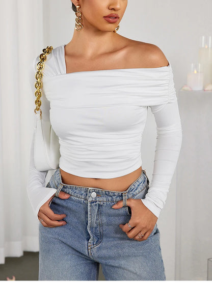 NewAsia Sexy Tight One Shoulder Top Long Sleeve Double Layer Crinkle Texture Asymmetrical Party Chic Blouse Women Fashion Tops.