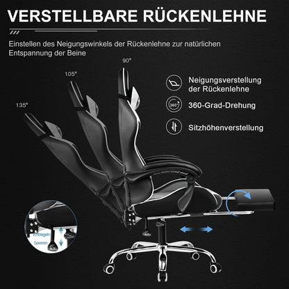 GTPLAYER Gaming Stuhl mit Massage, Ergonomischer Schreibtischstuhl mit Fußstütze, Kopfstütze, Drehstuhl für Büro und Gamer