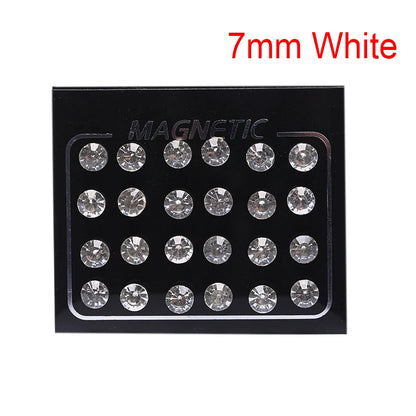 12 Pair(24pcs)/lot 3/4/5/6/7mm Round Crystal Rhinestone Magnet Stud Earring Punk Womens Mens Magnetic Fake Ear Plug Jewelry.