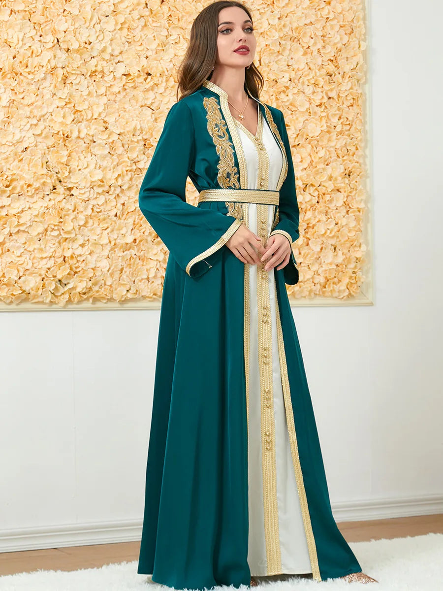Maßgeschneiderte muslimische Sets, elegante muslimische Frauen, Sommer, langärmelig, V-Ausschnitt, Polyester, lila, 2-teiliges Kleid, Mantel, passende Sets, Muslim