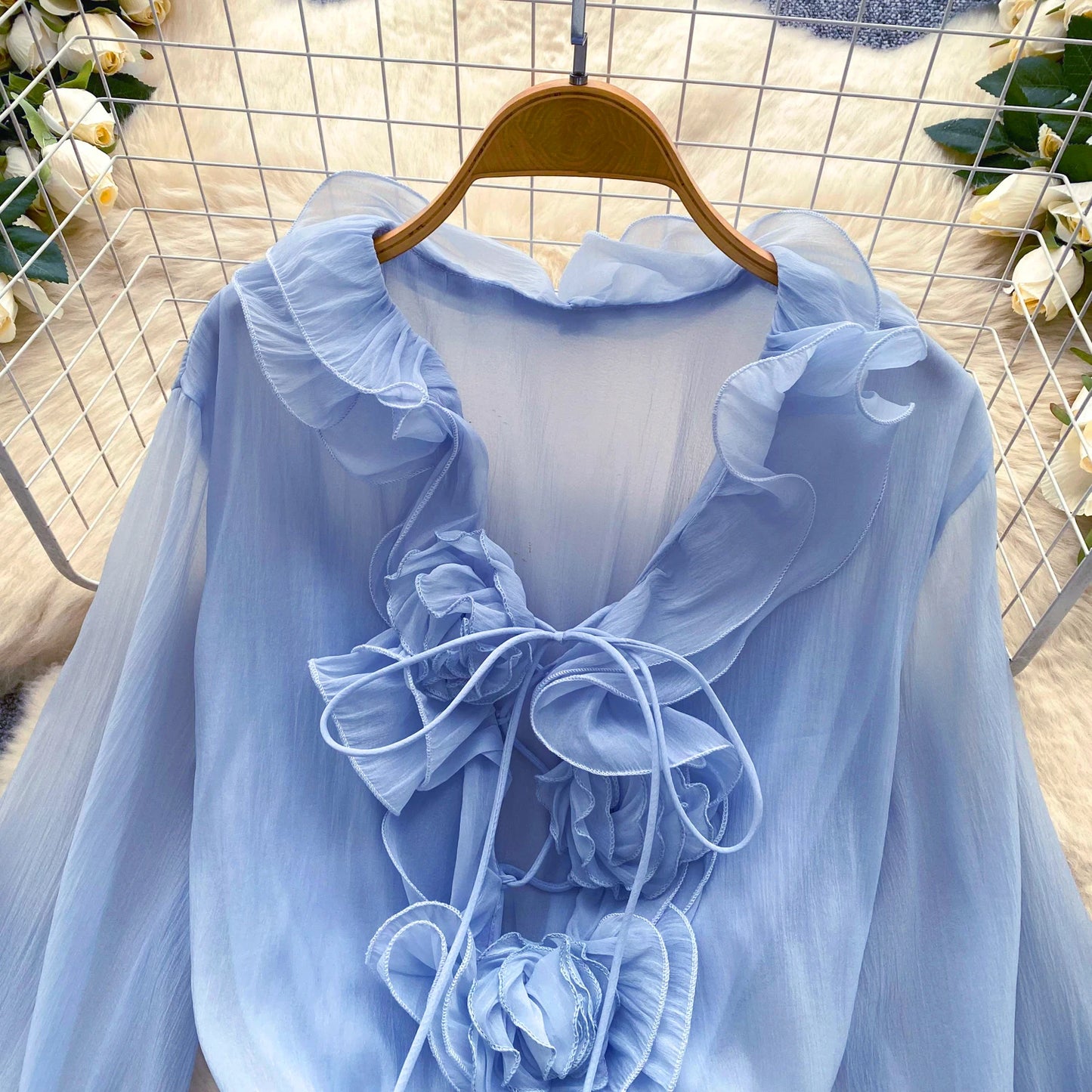 SINGREINY 3D Floral Strand Kurzes Kleid Weibliche Lange Ärmel Spitze Up Rüschen Chiffon Kuchen Sommerkleid Sheer Sexy Vintage Bohemian Kleid.