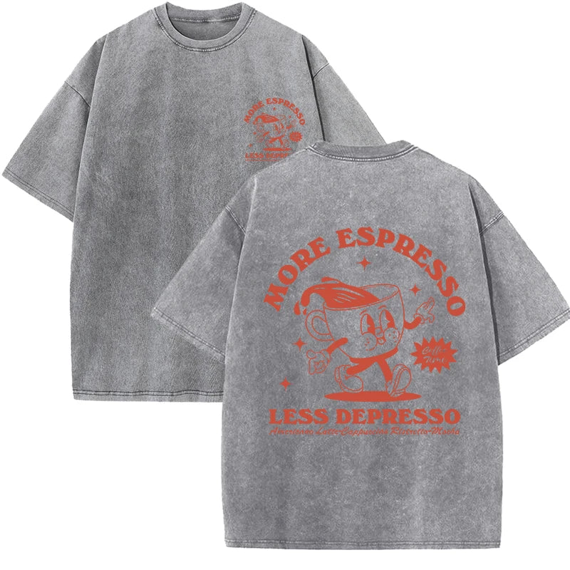 More Espresso Less Depresso Letter Cup Drink Print Washed Womens Tee Shirt Cotton T-Shirts New Breathable Clothes All-Match  Top.