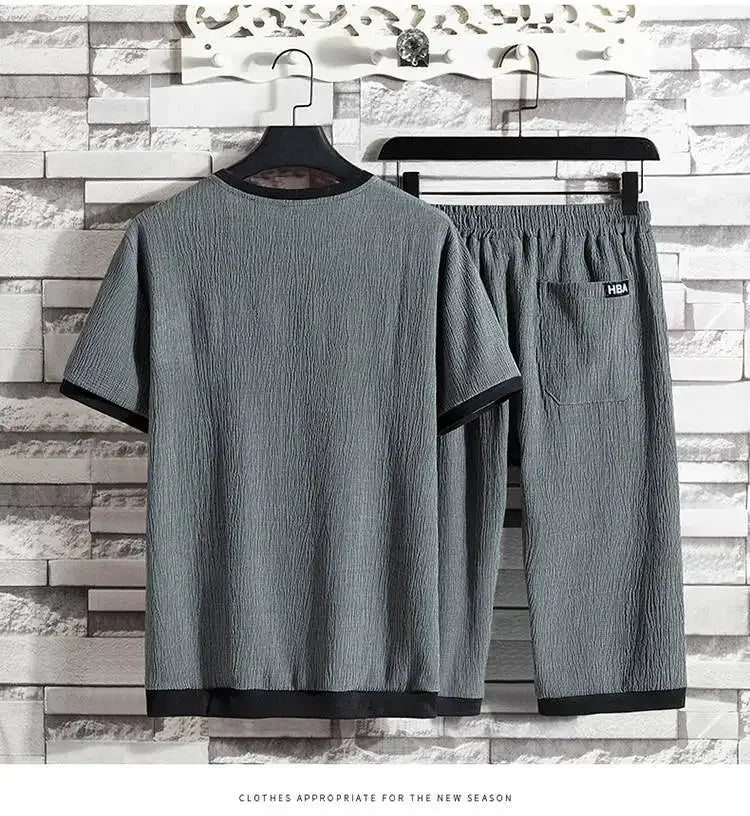 Summer Casual Ice Silk Short Sleeve T-Shirt Shorts Set for Men Fashionable Two-Piece Outfit Lightweight Sportswear Combo.