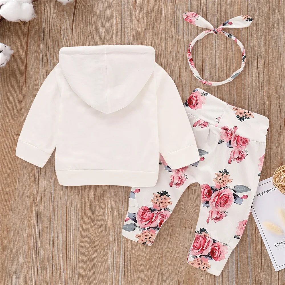 0-18 Months Toddler Baby Girl 3PCS Hooded Clothes Set Flowers Print Long Sleeve Top+Pant+Bowknot Headband Fashion Autumn Outfit.