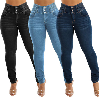Jeans-Bleistifthose für Damen, 2025, dünne Hose, hohe Taille, Stretch, gewaschen, Distressed-Taschen, Knöpfe, Vintage-Denim, Streetwear