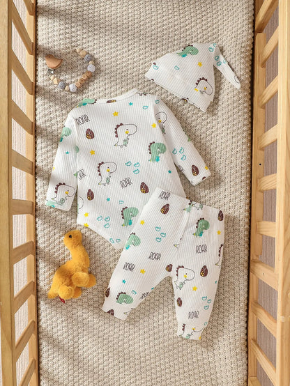 3Pcs Casual Neugeborenen Baby Junge Cartoon Tier Kleidung Set Langarm Body Top und Hosen + Hut.