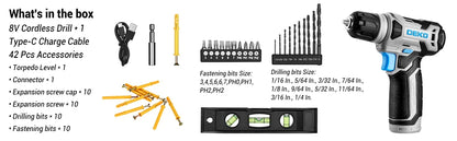 DEKO 8V Akku-Bohrschrauber-Set, 3/8 Zoll Schnellspannbohrfutter, integrierte LED, kabelloser Mini-Power-Treiber mit Schraubensatz, Elektroschrauber