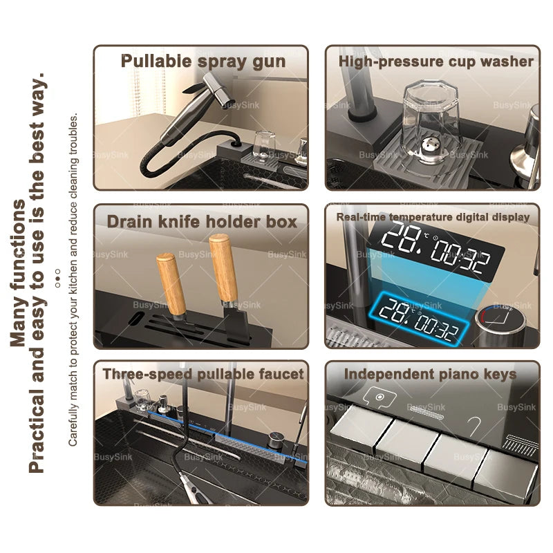 Küchenspüle aus Edelstahl mit Wasserfall, extra große Einzelschüssel, Digitalanzeige, multifunktionale Geschirrspülbecken
