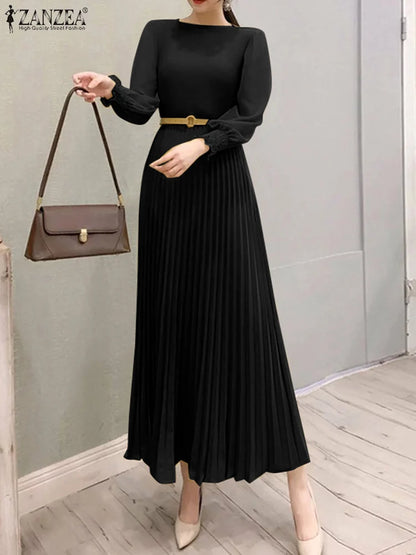 ZANZEA Elegantes Damen-Plisseekleid, edel, gesmokte Bündchen, langärmelig, O-Ausschnitt, Fit und Flare, lang, Vestidos, Pendeln, solide Party-Roben