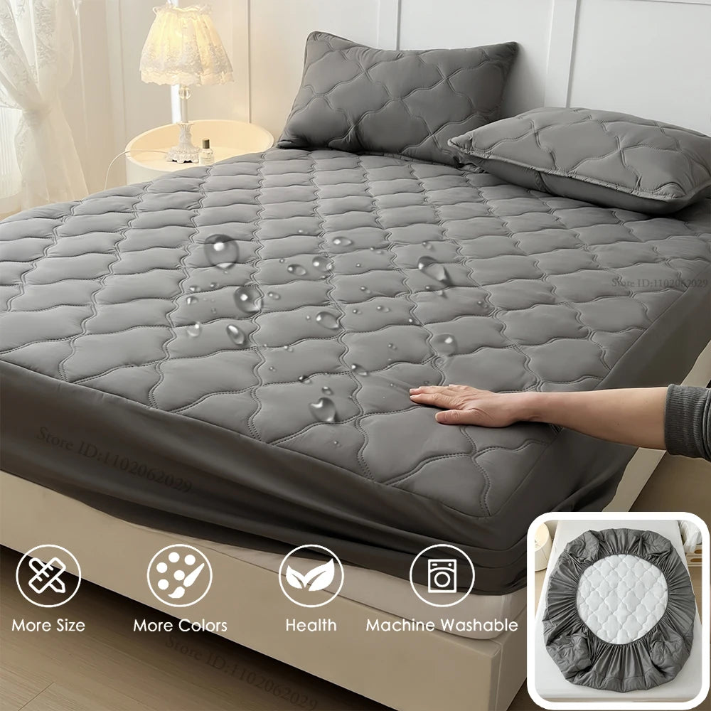 Throw Mattress Cover Bed Fitted Sheet Waterproof Mattress Bedspread Protector Pads Single/Double/King/Queen Full Size Gray/White.