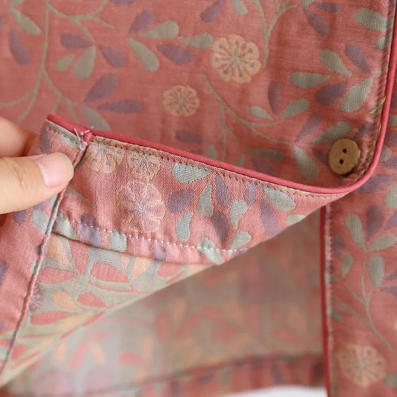 100% Cotton Crepe Homeclothes 2023 Autumn/Winter Women's Pajamas Suit Long-Sleeved Trousers 2-piece Yarn-Dyed Jacquard Pajamas