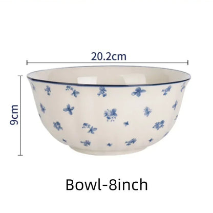 SOLECASA English Retro Ceramic Tableware Blue Flowers Pattern Household Salad Bowls Steak Plate Fruit Dessert Plates Dinnerware.