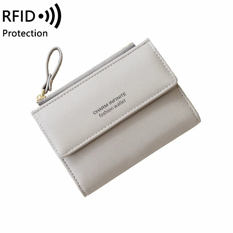 RFID Anti-Theft Short Card Bag for Women, Brush, PU, Solid Color, Zipper Buckle, Multi-functional Fashion, Small Purse