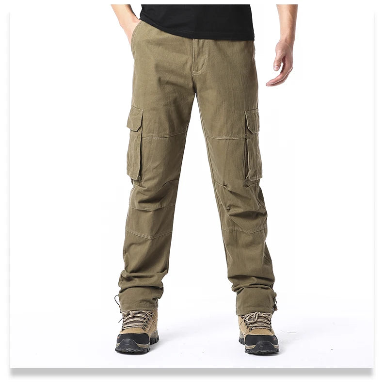 Large Pocket Loose Overalls Men's Outdoor Sports Jogging Tactical Pants Elastic Waist Pure Cotton Casual Work Pants.