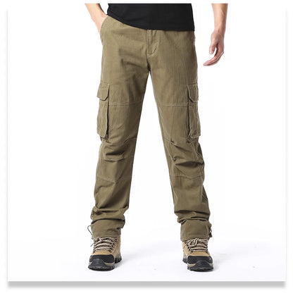Large Pocket Loose Overalls Men's Outdoor Sports Jogging Tactical Pants Elastic Waist Pure Cotton Casual Work Pants.