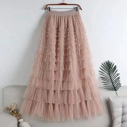 Chamliforve Women Tulle Mesh Skirt Elegant Elastic Waist Fairy Long A-line Tutu Skirt for Spring Summer Long Cake Skirt