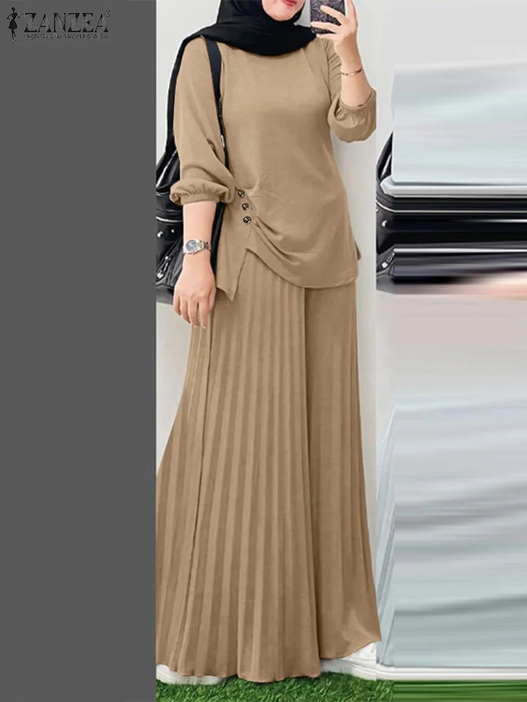 ZANZEA Muslim Sets Fashion 2pcs Women Long Sleeve Blouse Wide Leg Pant Sets Causal Spring Solid Work Outfits Islamic Clothing.