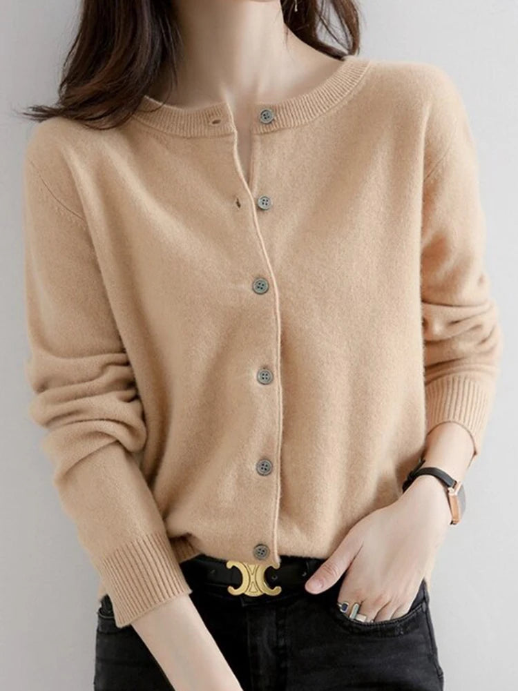 Women Knitted Cardigans Autumn Winter 2025 Round Neck Casual Long Sleeve Tops Solid Basic Soft Sweaters Female.