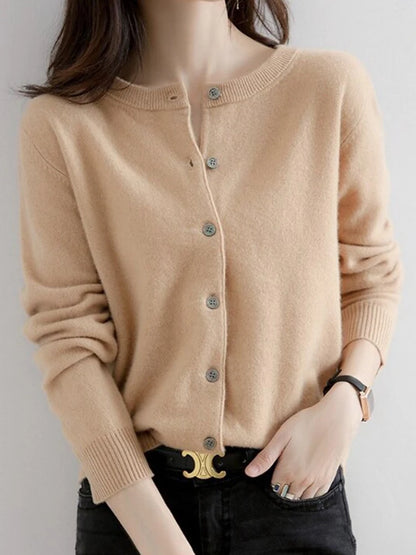 Women Knitted Cardigans Autumn Winter 2025 Round Neck Casual Long Sleeve Tops Solid Basic Soft Sweaters Female.