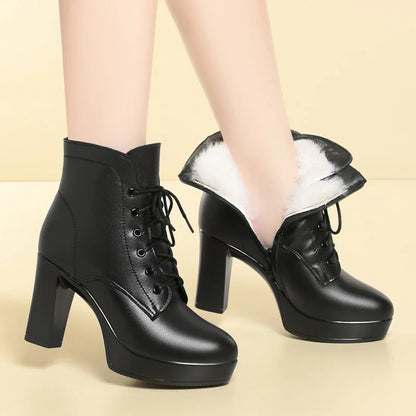 WOIZGIC Laides Women's Female Genuine Leather Ankle Boots Winter Autumn Fur Plush Wool Warm High Heel Motorcycle.