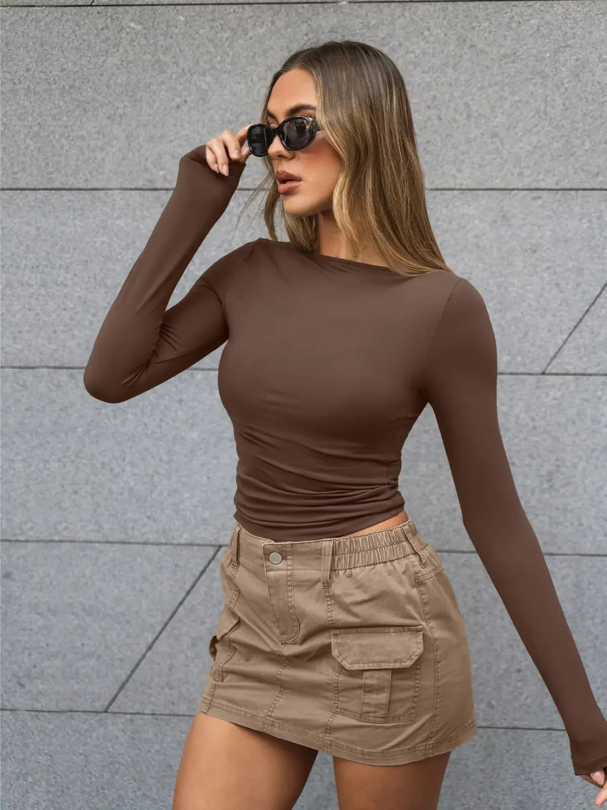 Summer Spring Slim-fitting Women's Clothing New One-neck Long-sleeved T-shirt Blouse Top Skinny Solid Color Tee