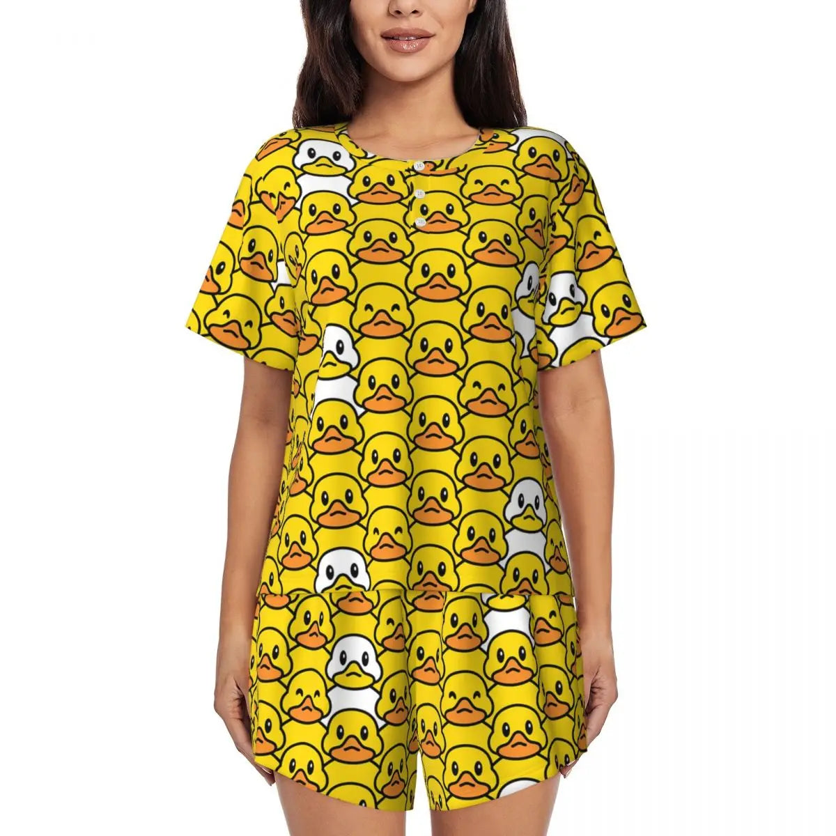 Benutzerdefinierte Frauen Gelb Klassische Gummi Ente Pyjamas Set Gedruckt Zwei-stück Pj Sets Kurzarm Nachtwäsche Loungewear