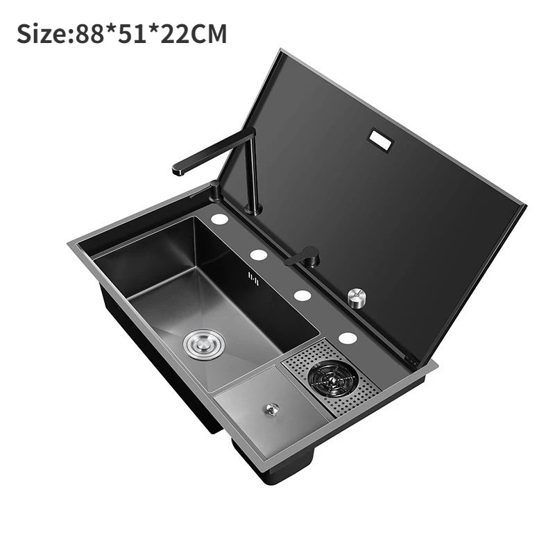 Multifunctional Nano Stainless Steel Kitchen Sink with Cover Plate, Thickened Single Basin Island Table Sink 88*51*22CM