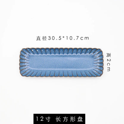 Retro Household Ceramic Tableware Kiln Variable Glaze Western Plate Creative Long Plate Main Dish Dinner Plate Kitchen Supplies