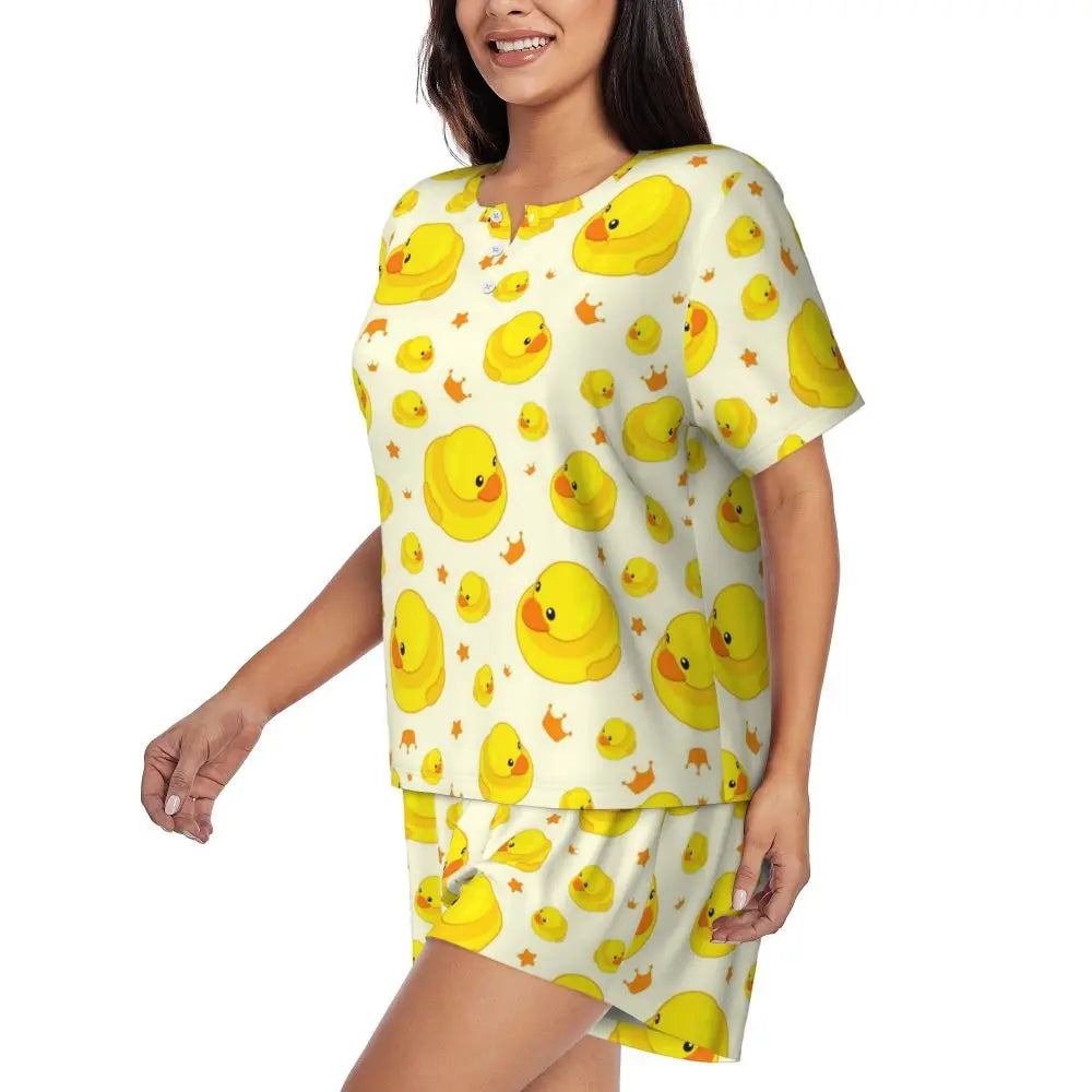 Benutzerdefinierte Frauen Gelb Klassische Gummi Ente Pyjamas Set Gedruckt Zwei-stück Pj Sets Kurzarm Nachtwäsche Loungewear