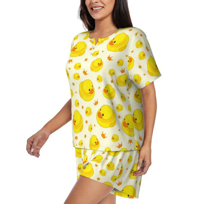 Benutzerdefinierte Frauen Gelb Klassische Gummi Ente Pyjamas Set Gedruckt Zwei-stück Pj Sets Kurzarm Nachtwäsche Loungewear