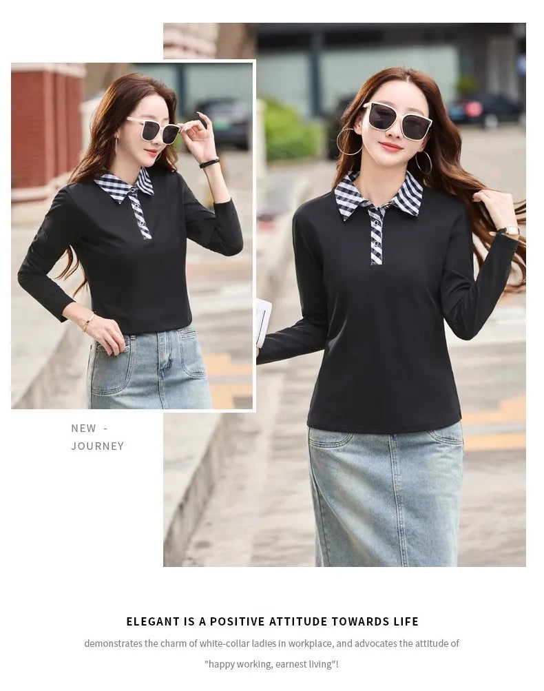 European station lapel long sleeved t-shirt women's new high-end fashion light luxury casual plus size spring and autumn top.