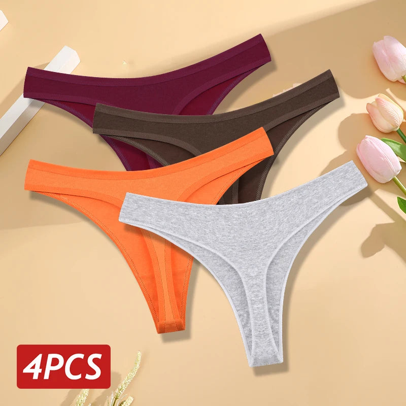 4PCS/Set Women Cotton Panties Seamless Low Rise Thongs V-Waist Solid Color Breathable Underwear Female Soft Lingerie Intimates.