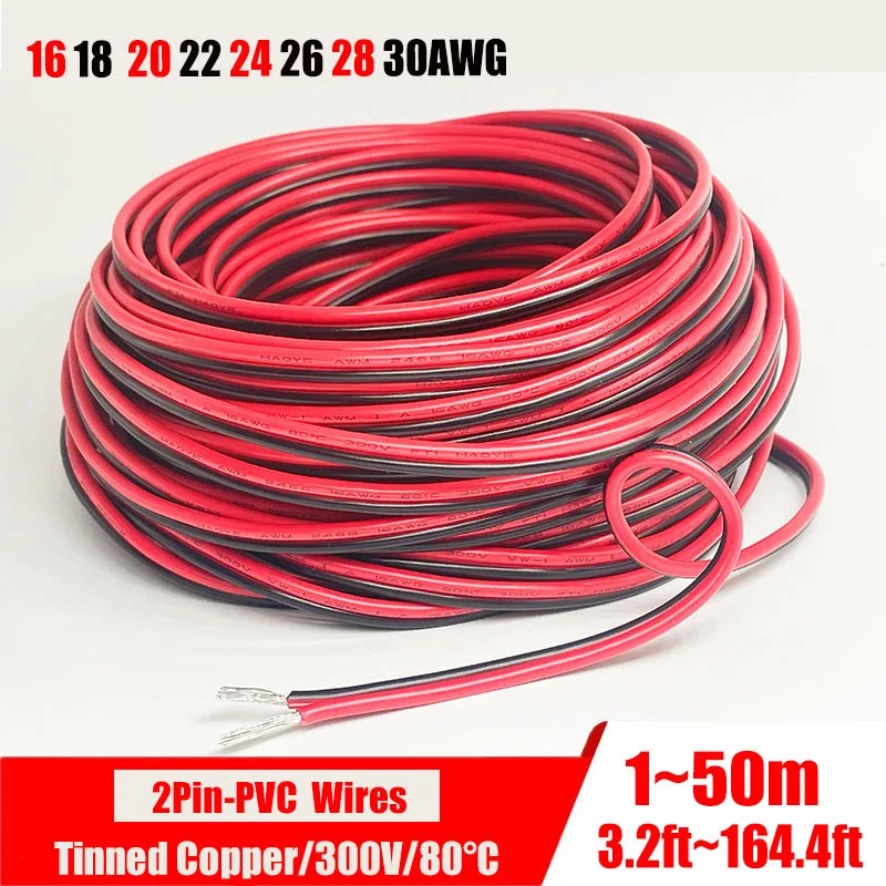 2-pin red and black PVC or silicone extension cable 28awg 26awg 24awg 22awg 20awg 18awg 16awg Tinned copper domestic wire.