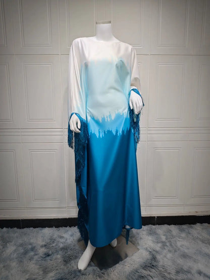 Uni Tassel Gradient Dubai Muslim Abaya For Woman O-Neck Elegant Casual Loose Moroccan Saudi Kebaya Fashion Party Dress 2025