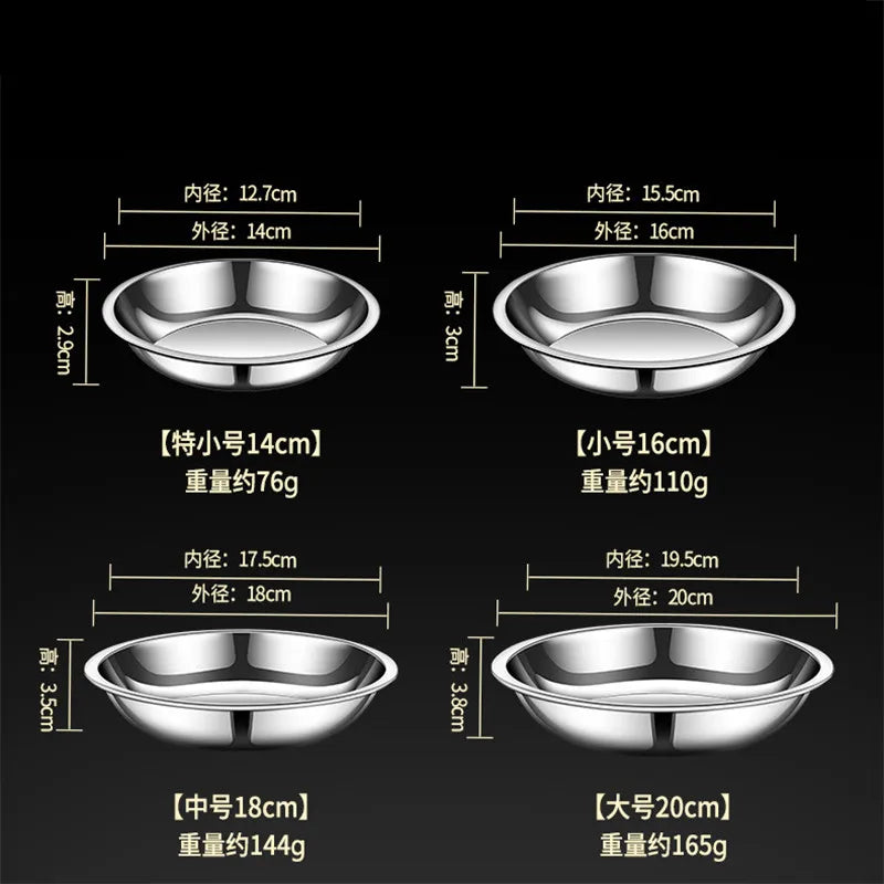 Thick Round 316 Stainless Steel Dinner Plate Food Grade Trays Salad Fruit Meal Pan Kitchen Steak Seafood Flat Cooking Bowls.