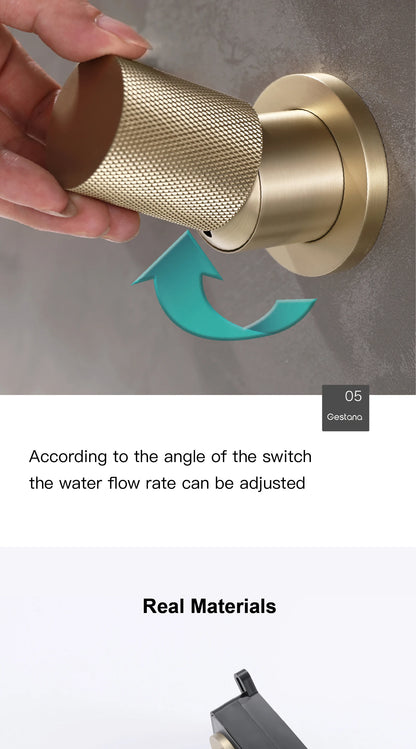 Luxury brushed gold brass wall mounted adjustable water volume bathroom faucet Embedded design for hot and cold water basin Tap