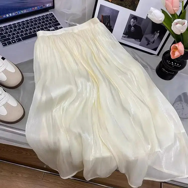 2025 Spring/Summer New Luster  A-line Women Skirt Solid Color High Waist French Paris Style Elegant Asymmetrical Skirt