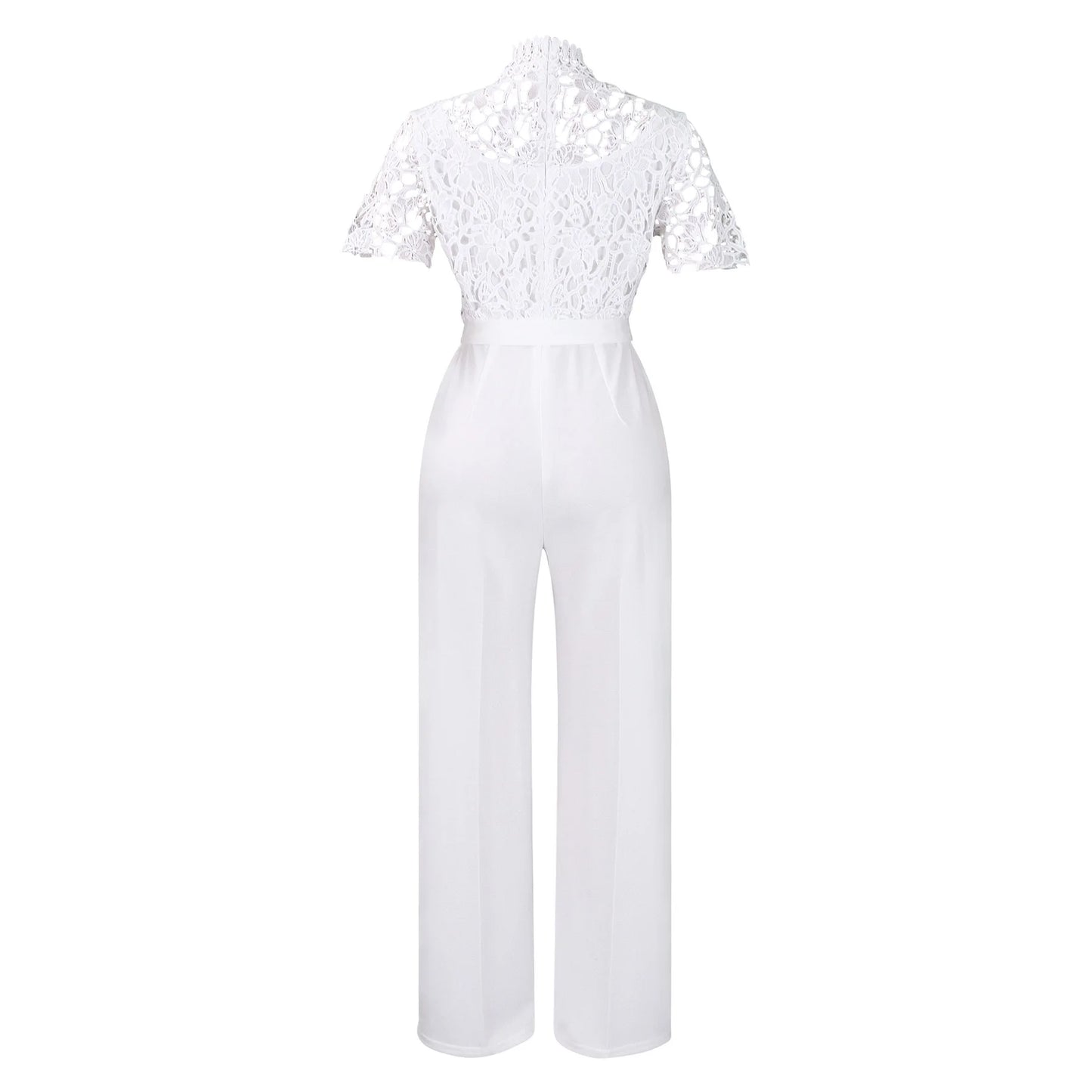 Elegant Jumpsuits & Rompers for Women O Neck Lace Patchwork Short Sleeve Sashes High Waisted Luxury Birthday Party Dinner Outfit